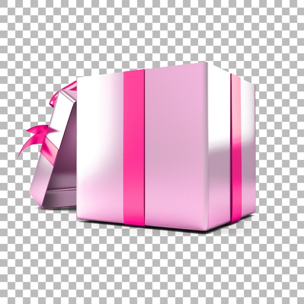 Scatola regalo aperta vuota o scatola regalo con fiocco in nastro rosa isolato su sfondo trasparente