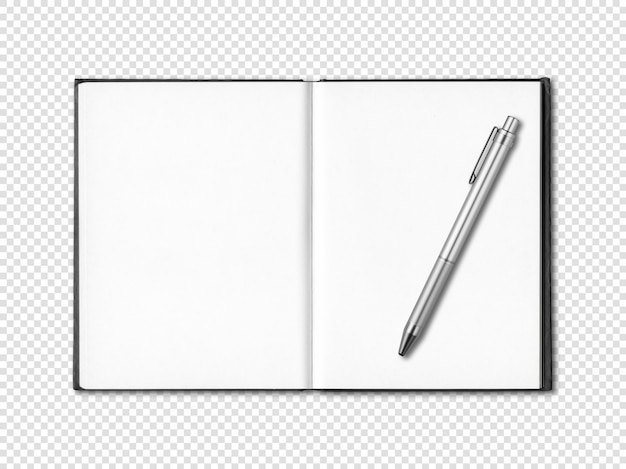 Blank open notebook and pen isolated on white