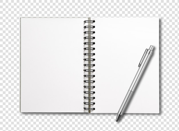 Blank open spiral notebook and pen isolated