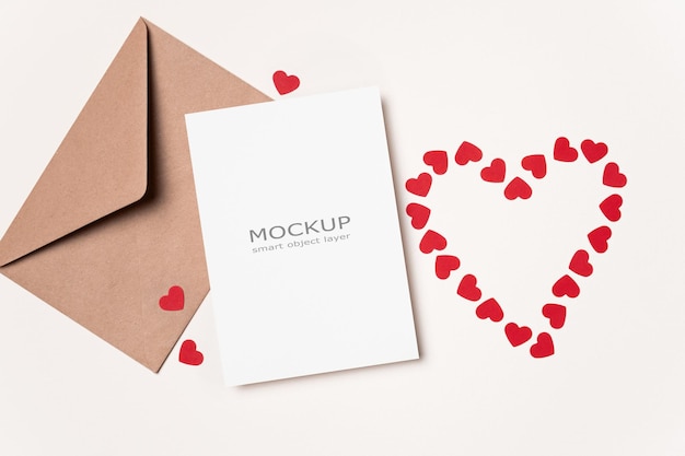 Blank paper valentines day card mockup with envelope and heart