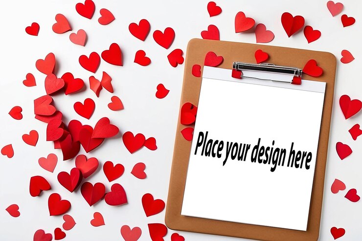 PSD blank paper on wooden clipboard folder decorated red paper hearts garland on white background valentines day mothers day womens day flat lay gift holiday dating concept