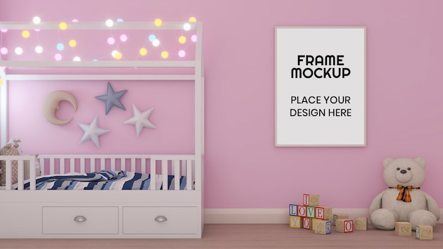 Blank photo frame mockup in the bedroom