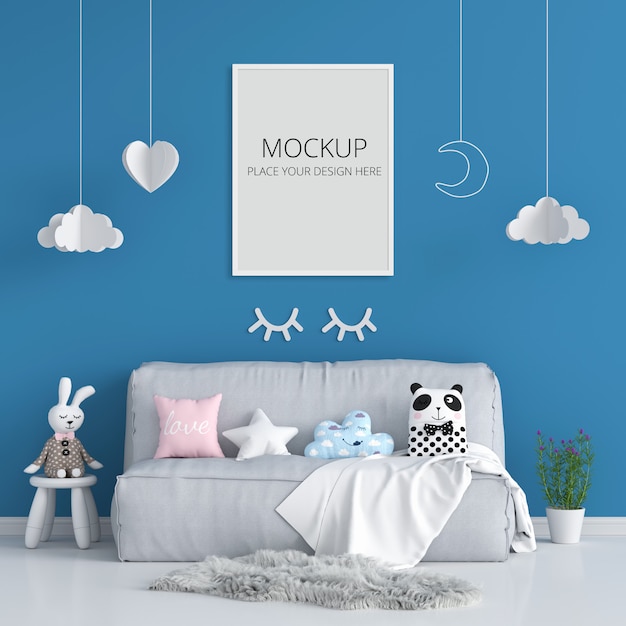 PSD blank photo frame for mockup in blue child room