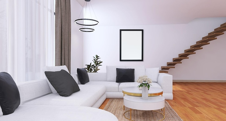 PSD blank photo frame mockup in minimal living room interior design with sofa table white background