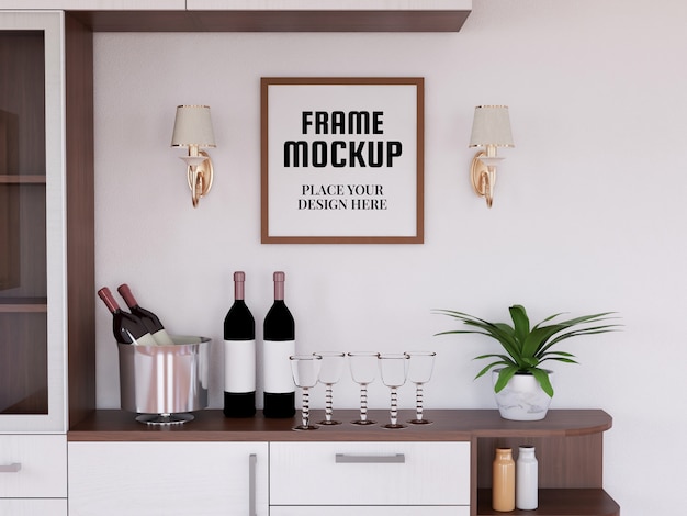 Blank photo frame mockup in the kitchen