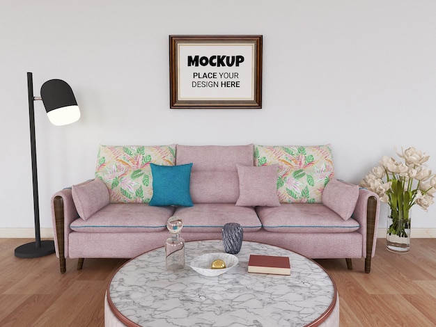 PSD blank photo frame mockup in the living room