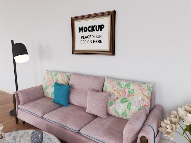 PSD blank photo frame mockup in the living room