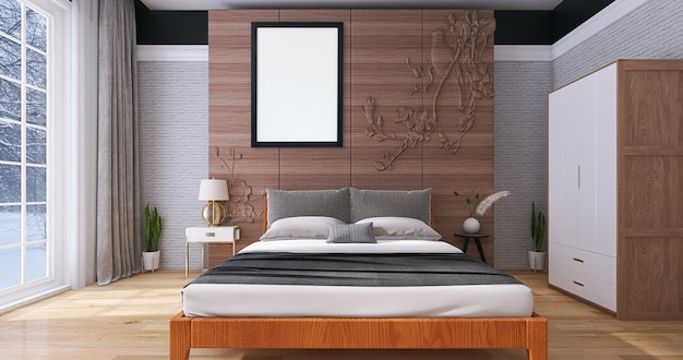 Mockup di cornice per foto in bianco nel design degli interni della camera da letto moderna con letto, cuscino, fondo in legno