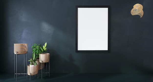 PSD blank photo frame mockup in modern dark theme living room interior