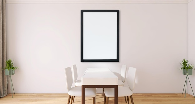 Blank photo frame mockup in modern dining room interior design with dining table and chairs