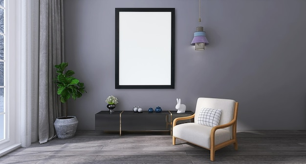 灰色の背景、ソファ、家具とモダンなリビングルームのインテリアデザインの空白のフォトフレームのモックアップ
