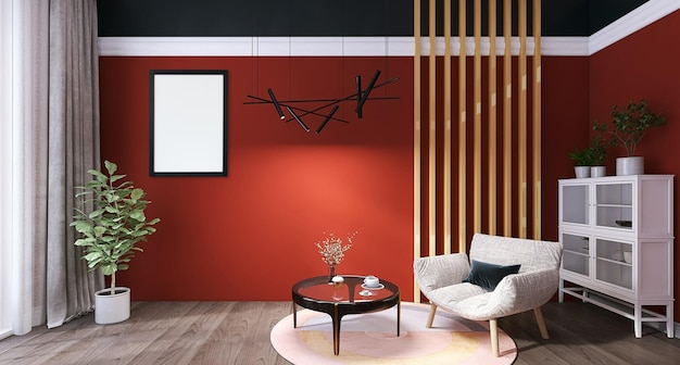 PSD mockup di cornice per foto in bianco nel design degli interni del soggiorno moderno con parete rossa del tavolo in vetro del divano