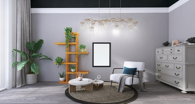 Blank photo frame mockup in modern living room interior design with sofa table chandelier