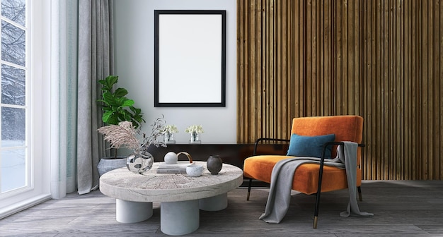 PSD mockup di cornice per foto in bianco nel design degli interni del soggiorno moderno con sfondo di legno tavolo divano