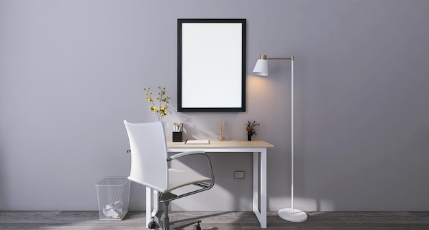 사무실 책상, 사무실 의자, 플로어 램프가 있는 현대적인 사무실 인테리어 디자인의 빈 사진 프레임 모형