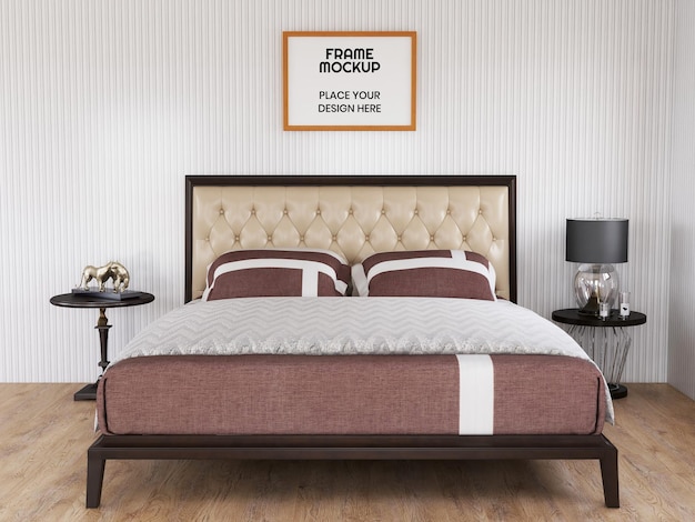 PSD blank photo frame mockup realistic in the bedroom