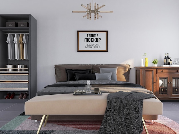 PSD mockup di cornice per foto vuota realistica in camera da letto