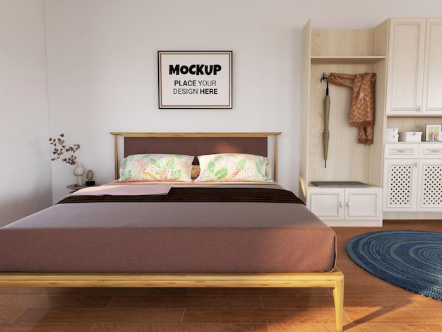 PSD blank photo frame mockup realistic in the bedroom