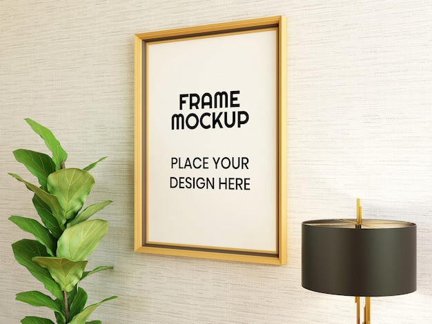 Blank photo frame mockup with plant and lamp