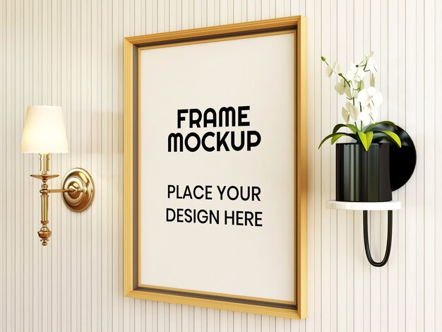 Blank photo frame mockup with plant and lamp