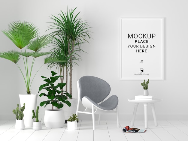 Blank photo frame mockup with plant in white wall background.