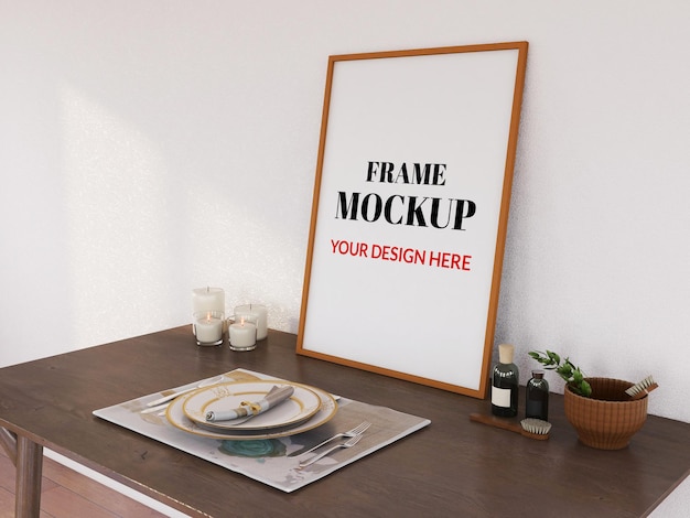 blank photo frame mockup on the wooden desk