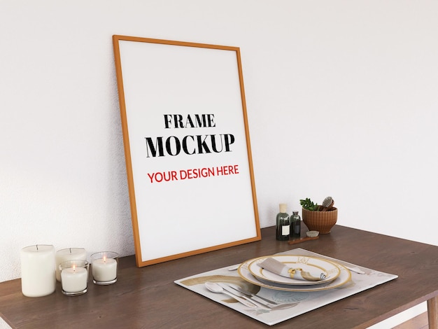 blank photo frame mockup on the wooden desk