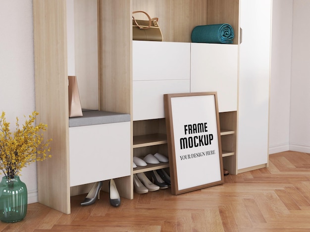 PSD blank photo frame mockup on the wooden floor