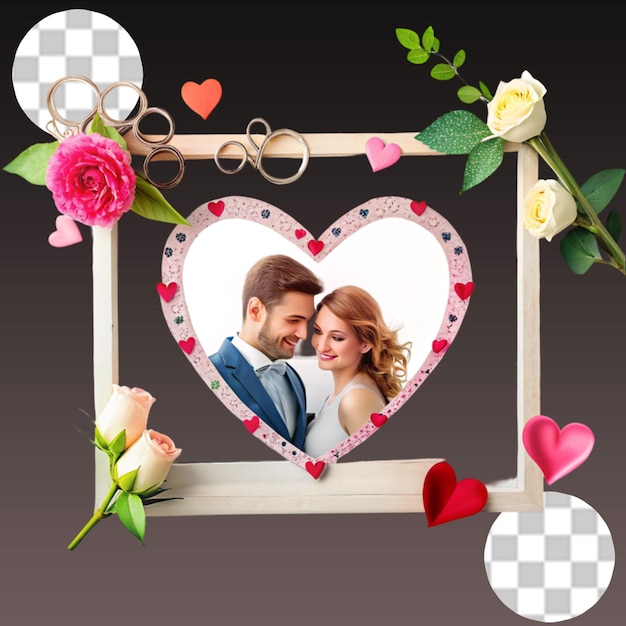 PSD blank photo frame with realistic heart on transparent background