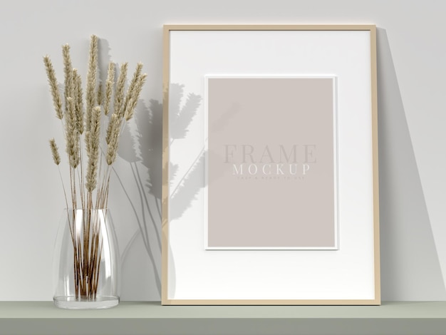 Blank picture frame for photographs art graphics with Leaves Frame poster mockup template on the wall in home interior 3D rendering