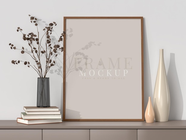 Blank picture frame for photographs art graphics with leaves frame poster mockup template on the wall in home interior 3d rendering