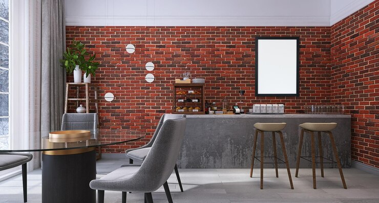 PSD blank poster frame mockup in modern coffee shop interior design with bakery counter, dining table