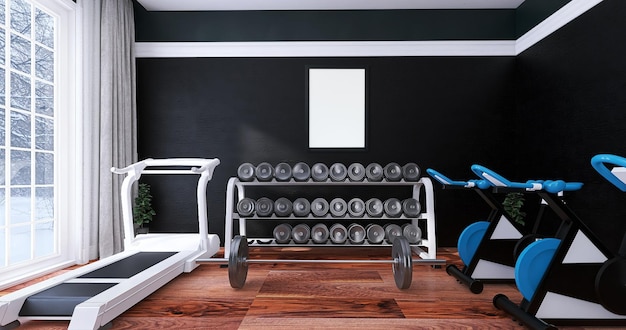 PSD blank poster frame mockup in modern gym interior design with dumbbells, exercise bicycle, dark theme