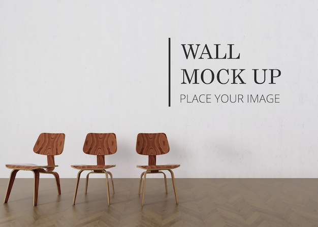 Blank Room Wall Mock Up With Wooden Floor and Three Minimalist Brown Wooden Chair