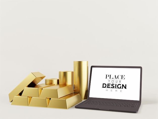PSD blank screen laptop computer with gold ingots