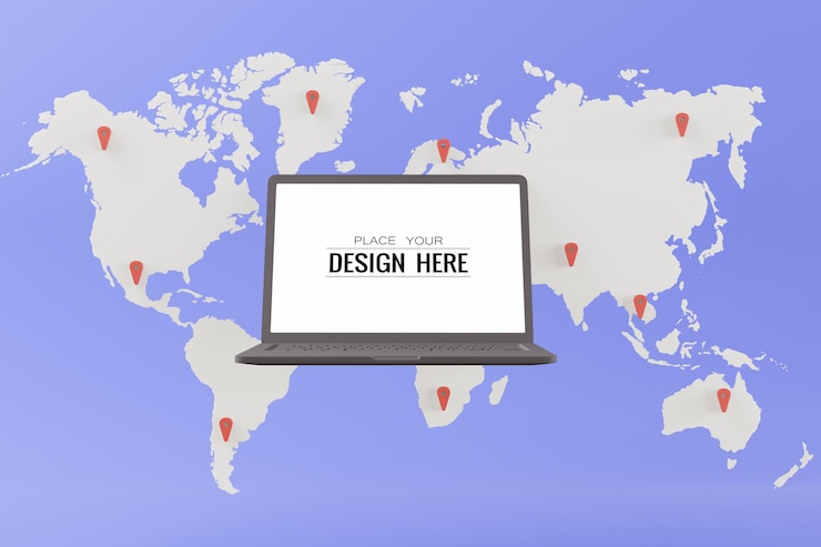 PSD blank screen laptop computer on world map