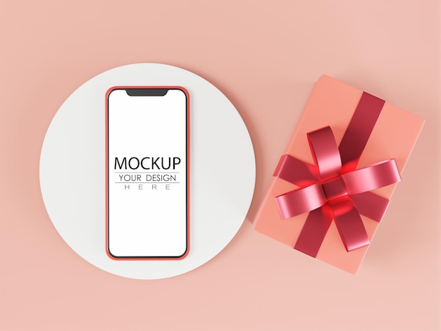 Mockup di computer per smartphone con schermo vuoto con confezione regalo