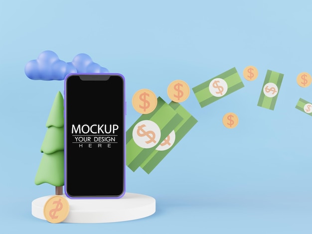 Mockup di smartphone con schermo vuoto con soldi