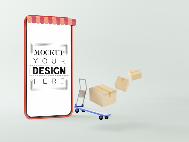 Mockup di smartphone con schermo vuoto con carrello e pacchi