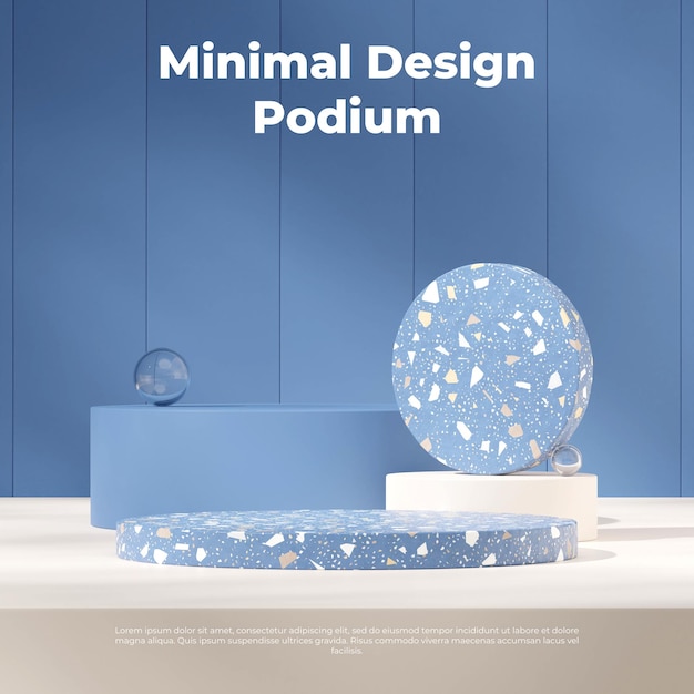 blank space blue white terrazzo podium in square glass sphere and blue wall rendering 3d