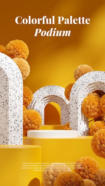 blank space yellow color podium in portrait terrazzo arch and yellow mimosa rendering 3d