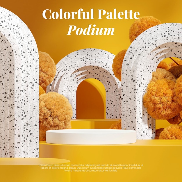 blank space yellow color podium in square terrazzo arch and yellow mimosa rendering 3d
