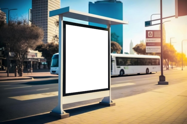 Blank square billboard mockup at bus stand in city, empty billboard near road