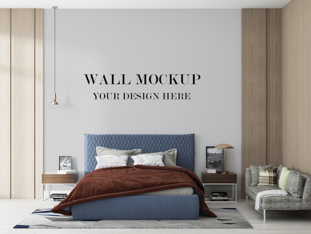 Blank wall behind blue bed in 3d rendering