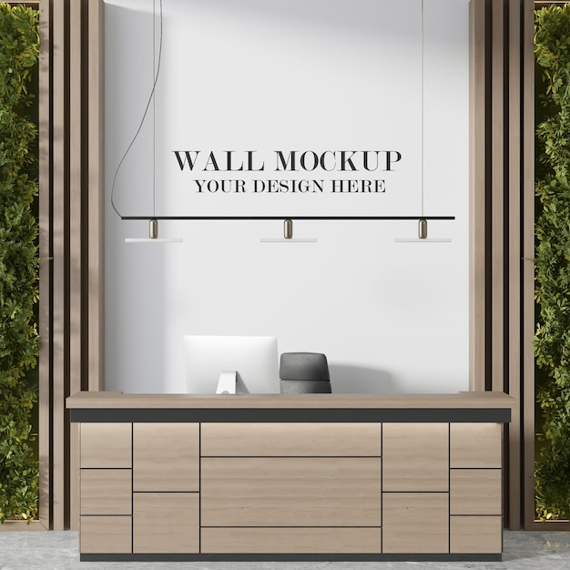 Blank wall mockup behind reception desk