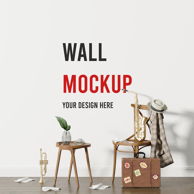 Blank wall mockup behind saxophone and chair