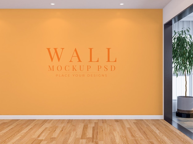 Blank wall mockupminimal room wall mockup psd with wooden floor and ornamental plant