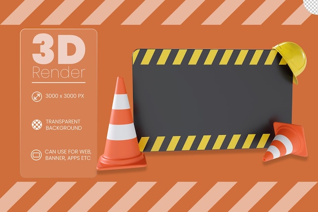 PSD blank warning sign helmet and traffic cone 3d illustration