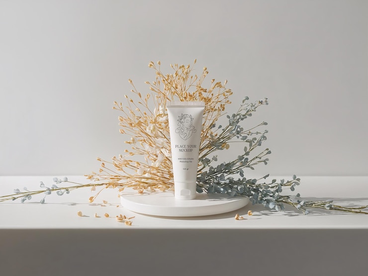 PSD blank white cosmetic tube product mockup on white surface surrounded by pastel flowers