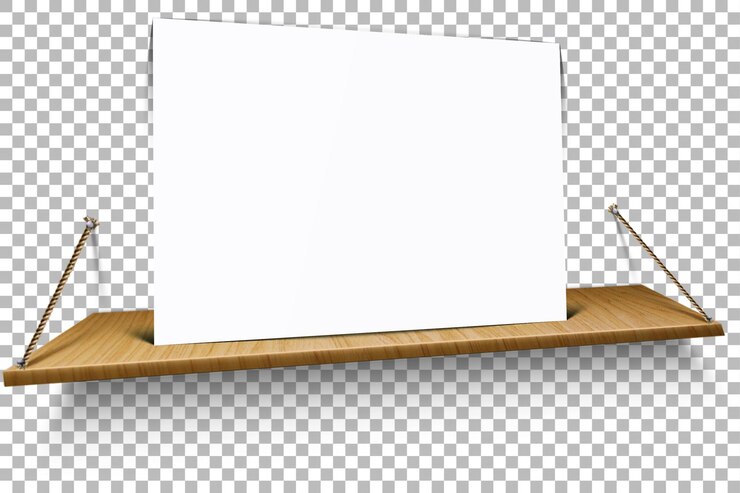 PSD a blank white sheet displayed on a wooden shelf suggesting potential for creativity or information